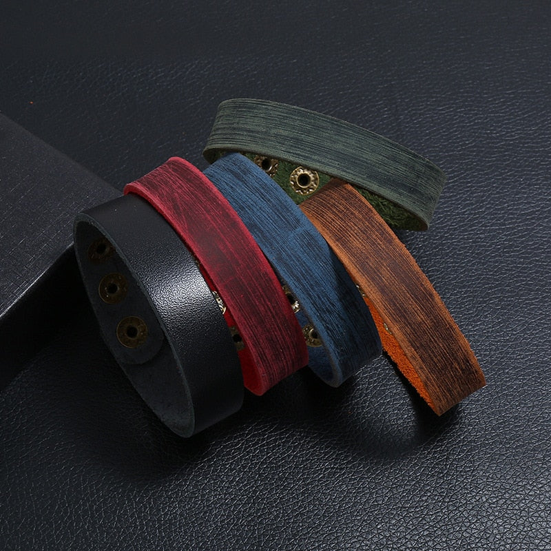 Vintage Punk Style Men Bracelet Wide Leather Button