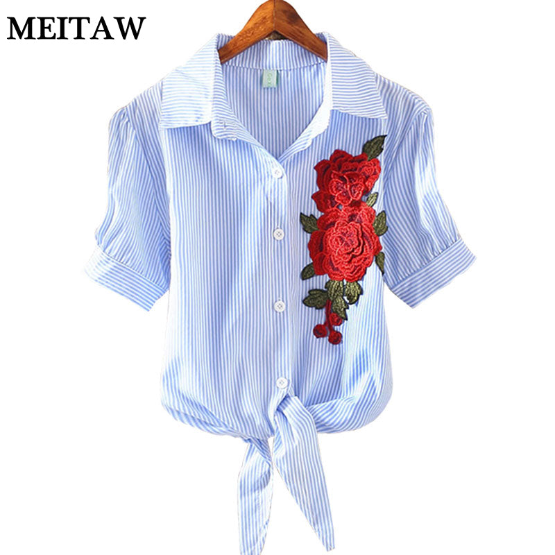 Embroidery Shirt  Casual Short Sleeve Striped Blouse Elegant Office Tops