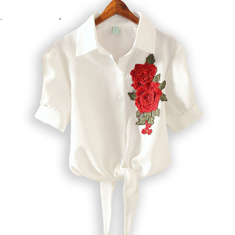 Embroidery Shirt  Casual Short Sleeve Striped Blouse Elegant Office Tops