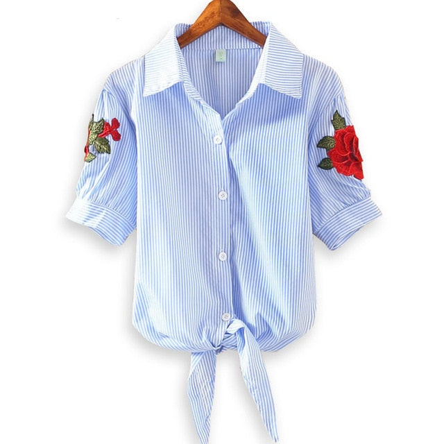 Embroidery Shirt  Casual Short Sleeve Striped Blouse Elegant Office Tops