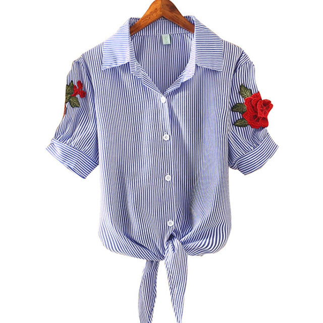 Embroidery Shirt  Casual Short Sleeve Striped Blouse Elegant Office Tops