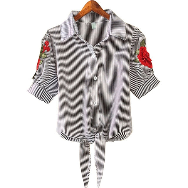 Embroidery Shirt  Casual Short Sleeve Striped Blouse Elegant Office Tops