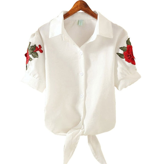 Embroidery Shirt  Casual Short Sleeve Striped Blouse Elegant Office Tops