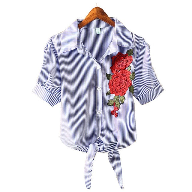 Embroidery Shirt  Casual Short Sleeve Striped Blouse Elegant Office Tops