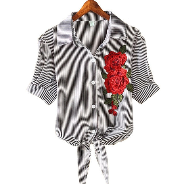 Embroidery Shirt  Casual Short Sleeve Striped Blouse Elegant Office Tops