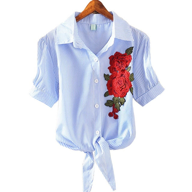 Embroidery Shirt  Casual Short Sleeve Striped Blouse Elegant Office Tops