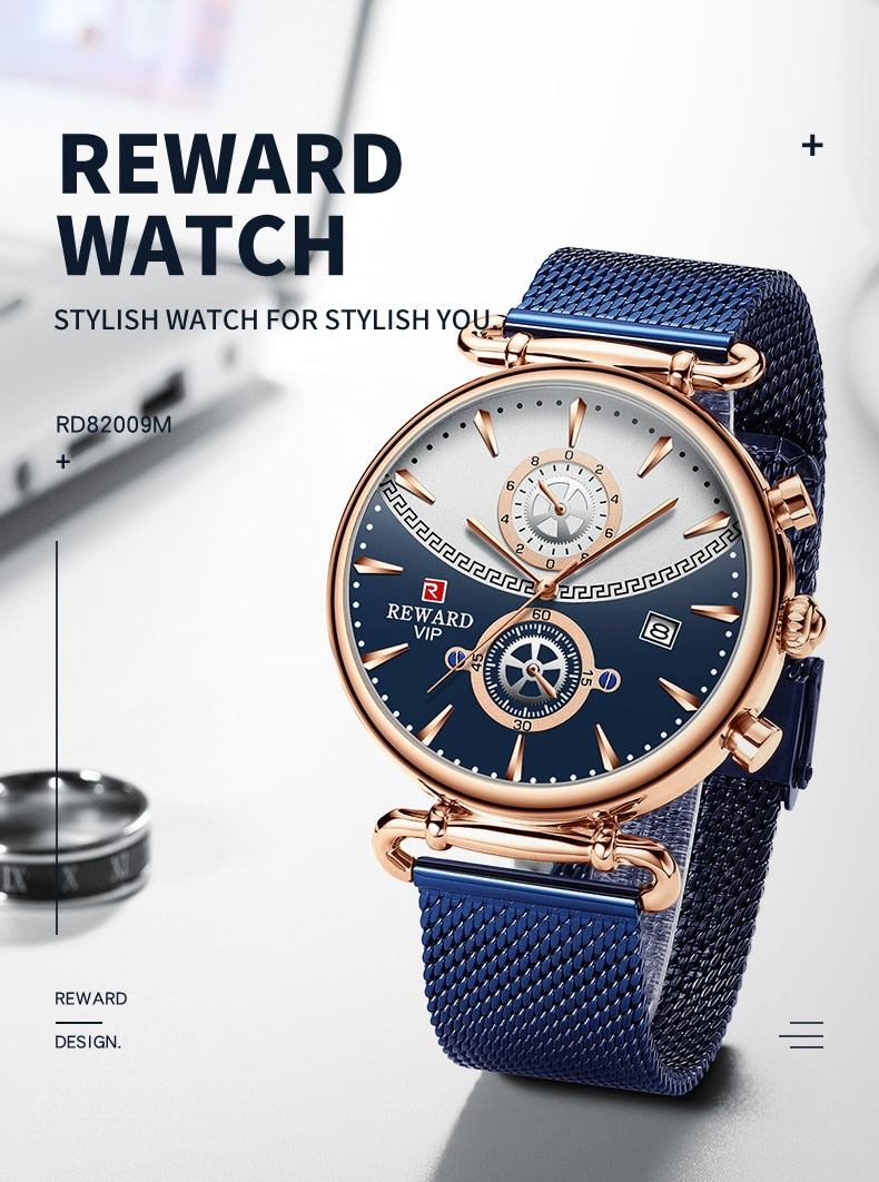 REWARD Sport Watches Blue Luxury Military Stainless Steel Wrist Watch auto date chronograph and Calendar