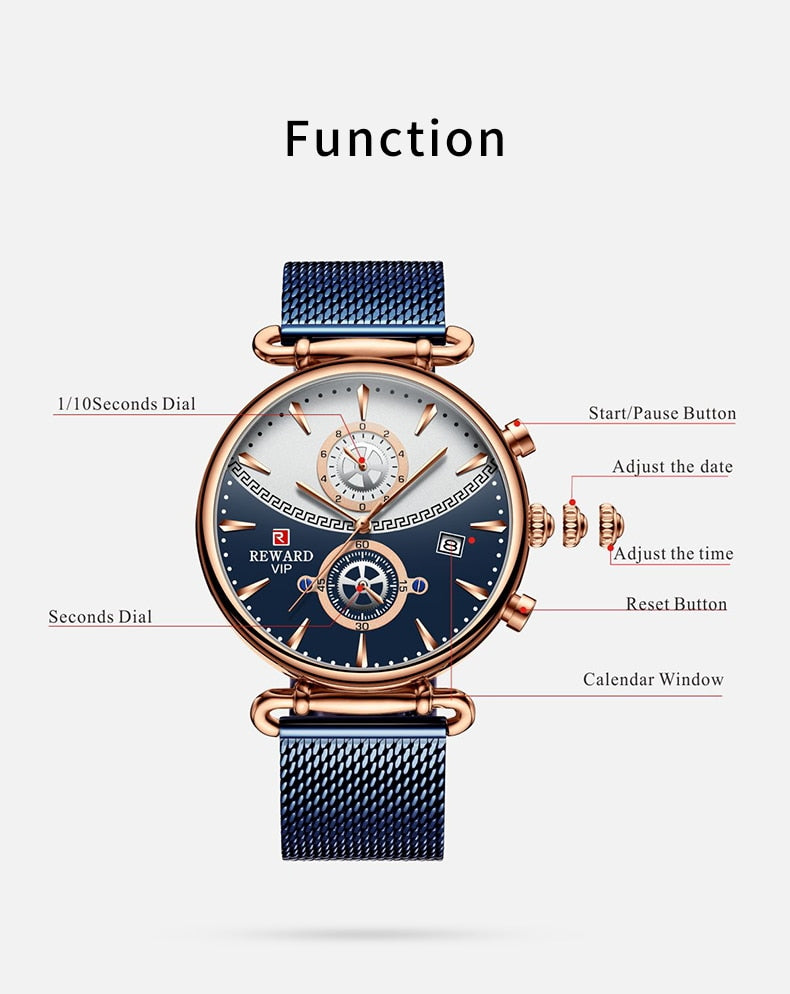 REWARD Sport Watches Blue Luxury Military Stainless Steel Wrist Watch auto date chronograph and Calendar