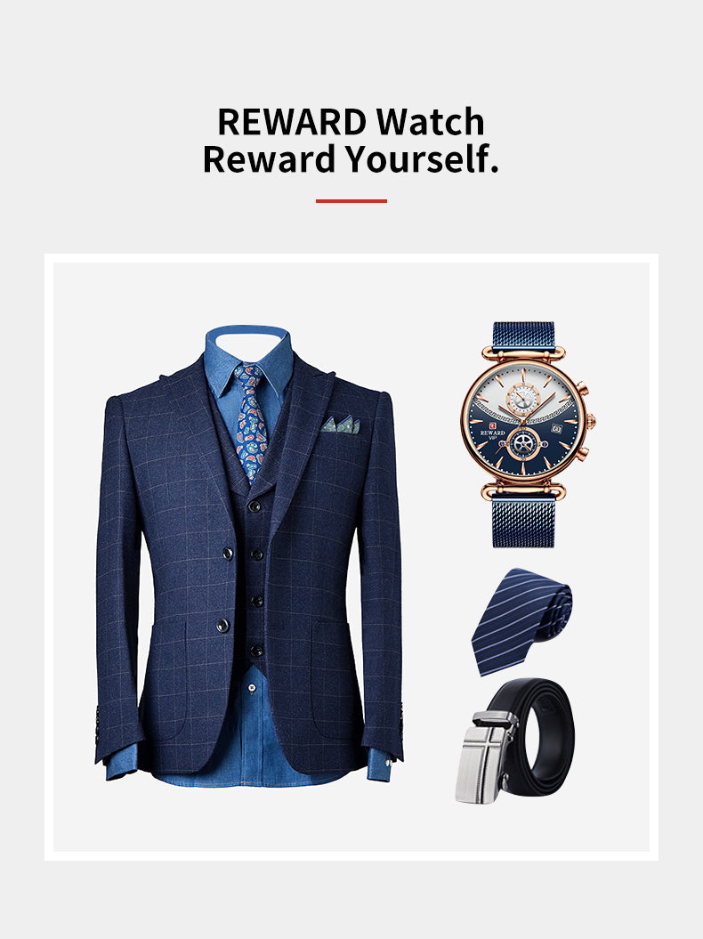 REWARD Sport Watches Blue Luxury Military Stainless Steel Wrist Watch auto date chronograph and Calendar