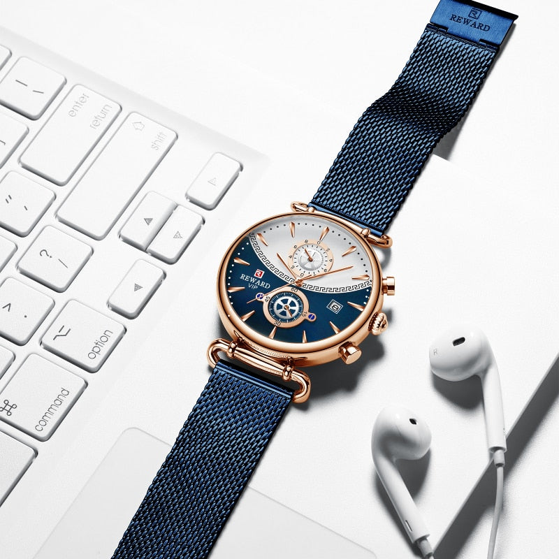 REWARD Sport Watches Blue Luxury Military Stainless Steel Wrist Watch auto date chronograph and Calendar