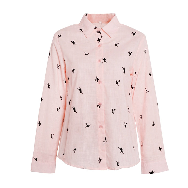 Birds Print Shirts Loose Casual Office Ladies Shirt