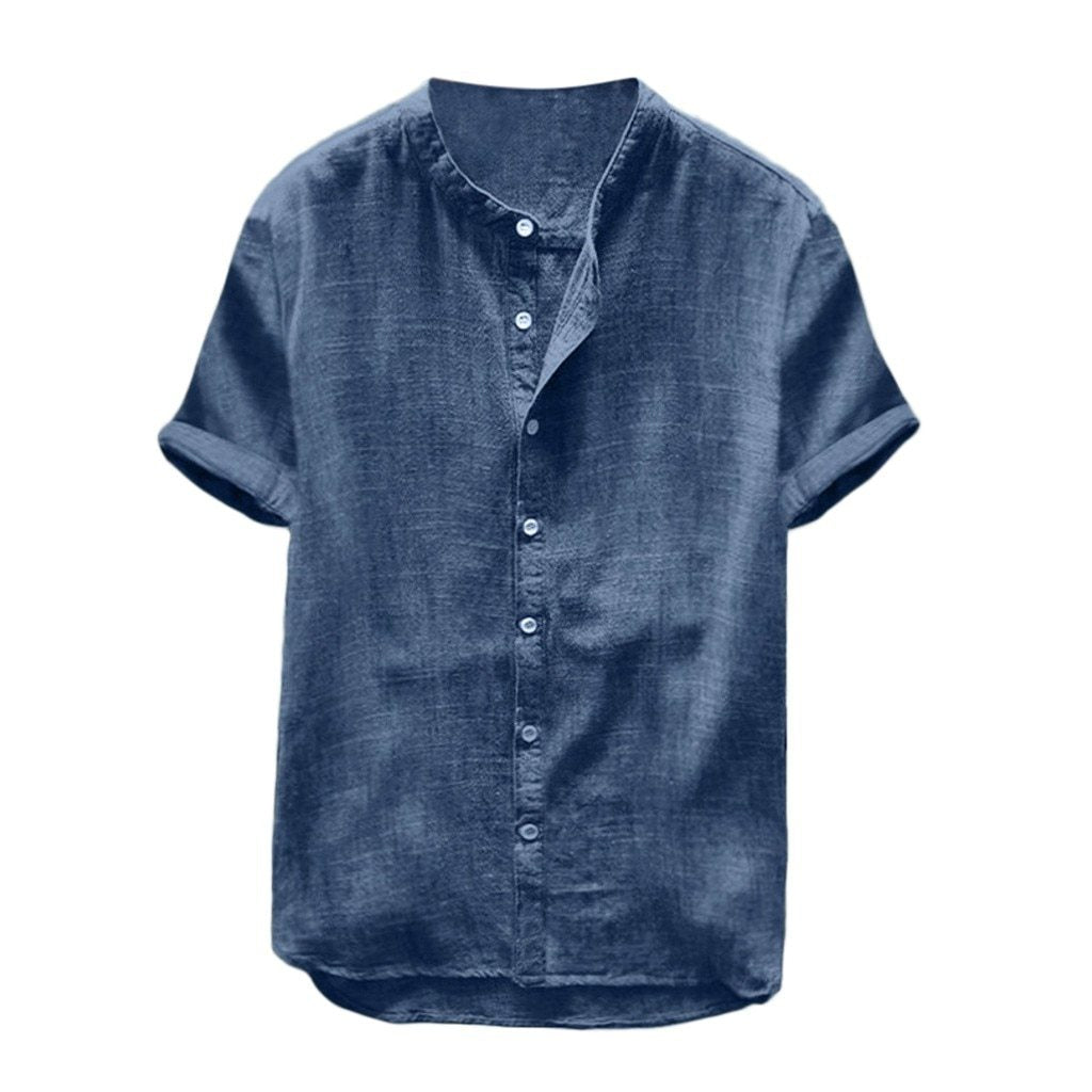 Summer Loose Cotton Material Solid Color Short Sleeve Retro Shirt Top Casual Wear Men's Shirts