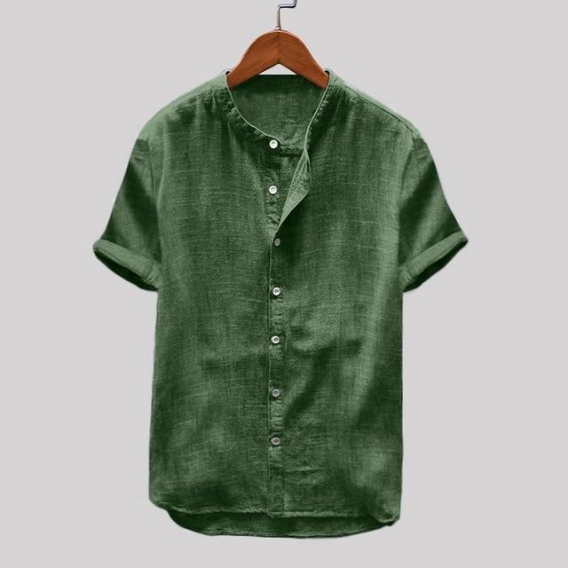 Summer Loose Cotton Material Solid Color Short Sleeve Retro Shirt Top Casual Wear Men's Shirts