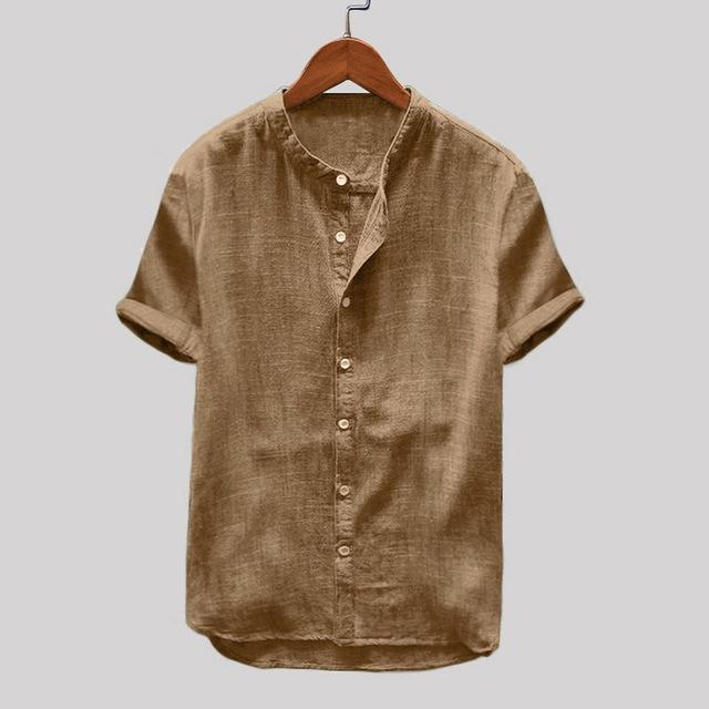 Summer Loose Cotton Material Solid Color Short Sleeve Retro Shirt Top Casual Wear Men's Shirts