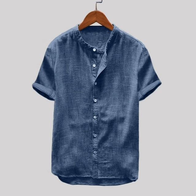 Summer Loose Cotton Material Solid Color Short Sleeve Retro Shirt Top Casual Wear Men's Shirts