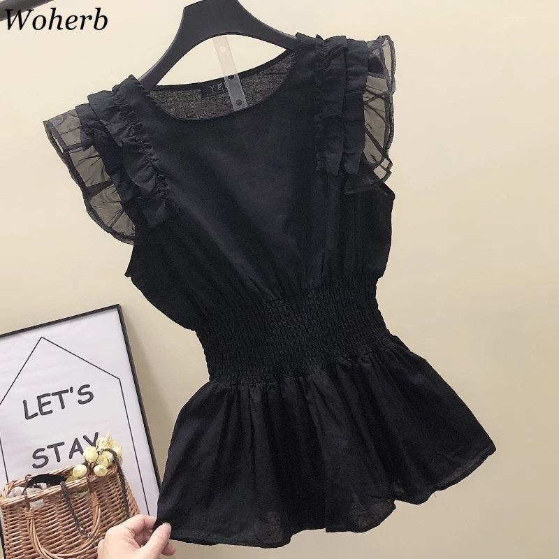 Woherb Korean Cotton Linen Blouse  Sleeveless Pleated Shirt Black