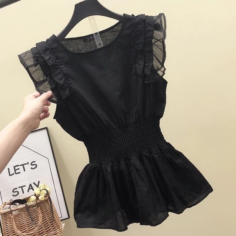 Woherb Korean Cotton Linen Blouse  Sleeveless Pleated Shirt Black