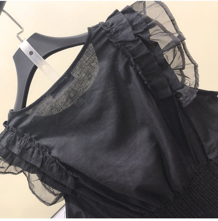 Woherb Korean Cotton Linen Blouse  Sleeveless Pleated Shirt Black