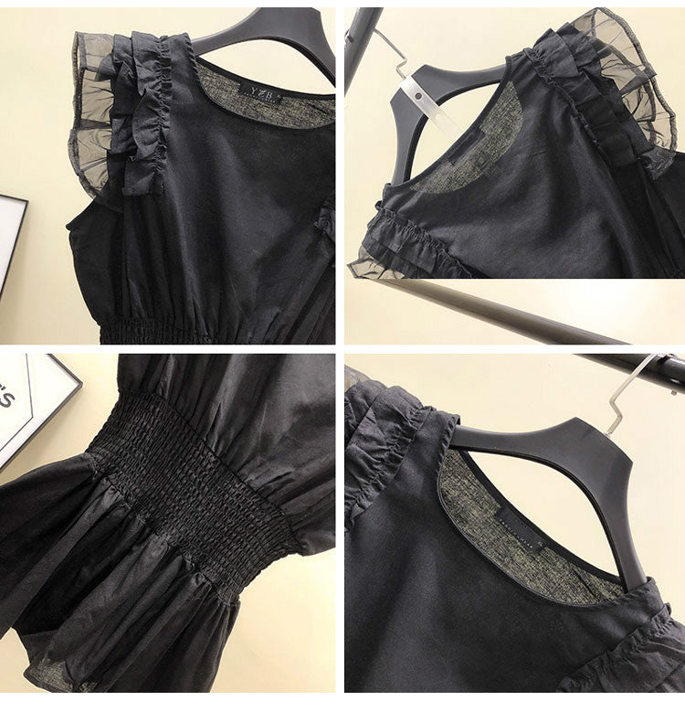 Woherb Korean Cotton Linen Blouse  Sleeveless Pleated Shirt Black
