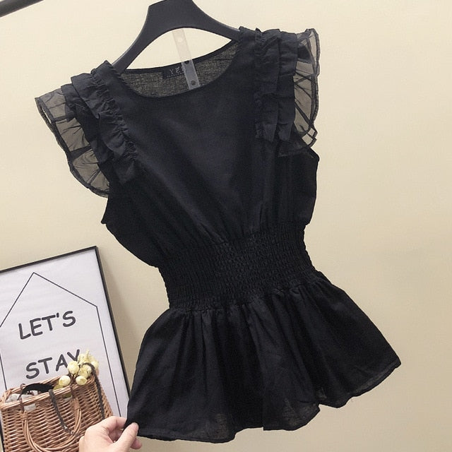Woherb Korean Cotton Linen Blouse  Sleeveless Pleated Shirt Black