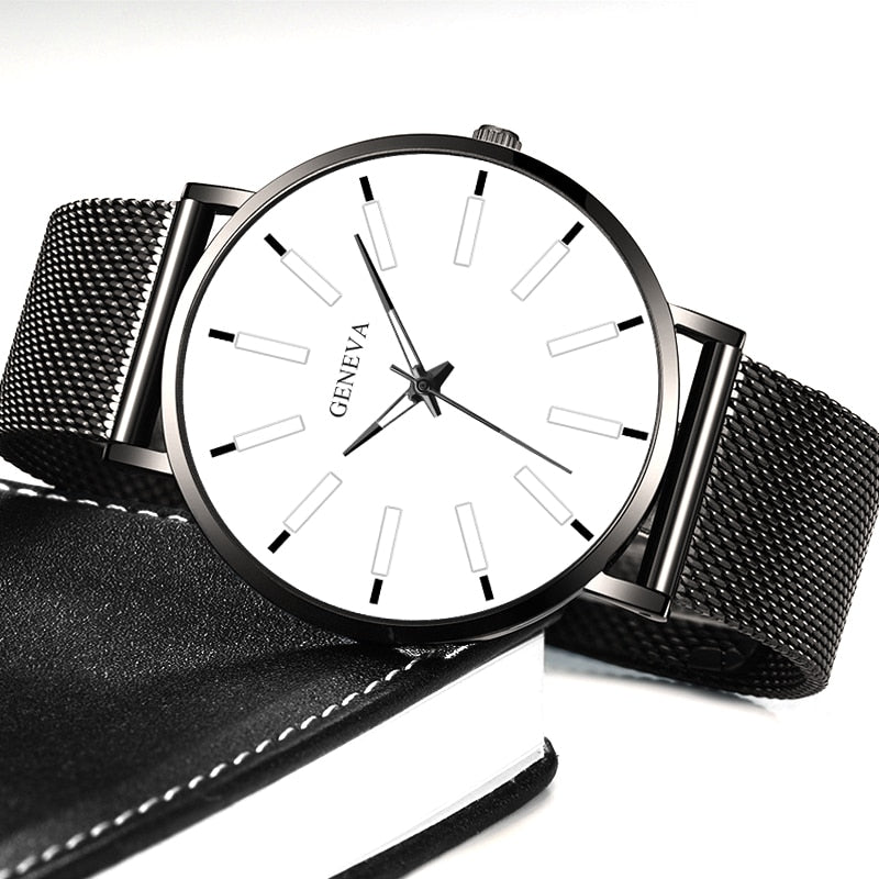 Minimalist Men's Fashion Ultra Thin Watches Stainless Steel Mesh Belt Quartz
