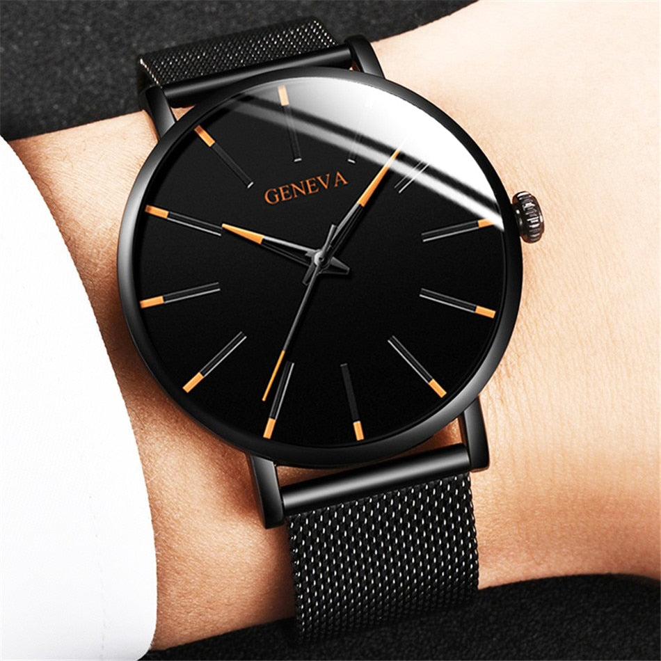 Minimalist Men's Fashion Ultra Thin Watches Stainless Steel Mesh Belt Quartz