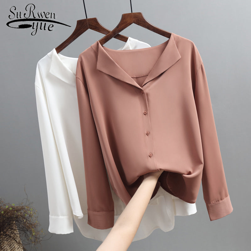 Outwear Chiffon Blouse Office Lady V-neck Button Loose Clothing