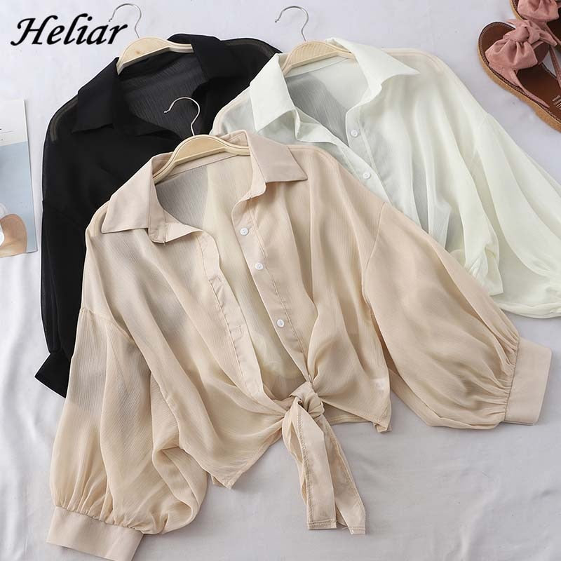 Buttoned Up Shirt Sleeve Blouse Tied Waist