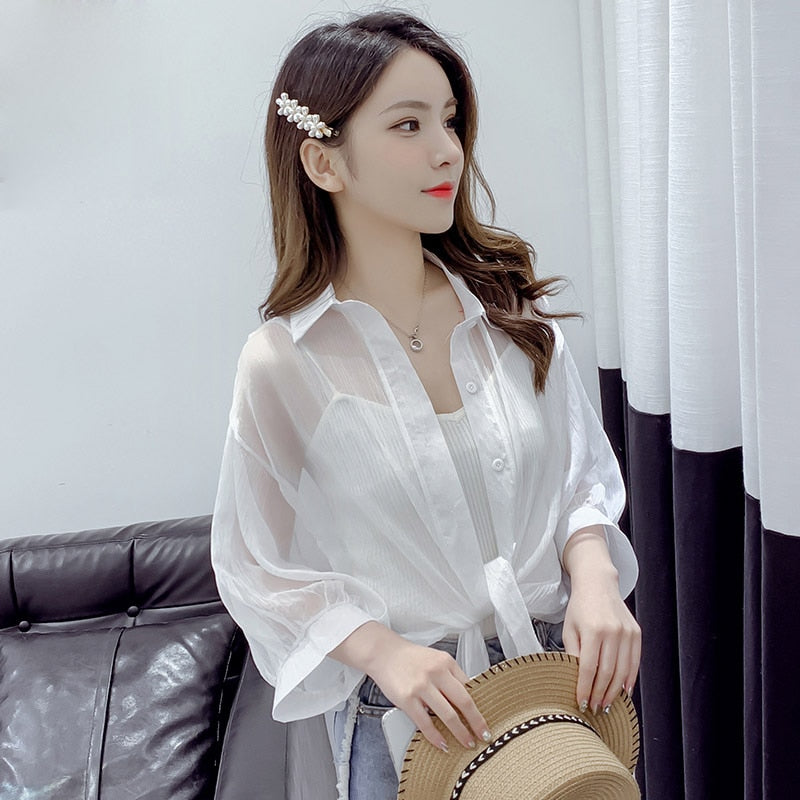 Buttoned Up Shirt Sleeve Blouse Tied Waist