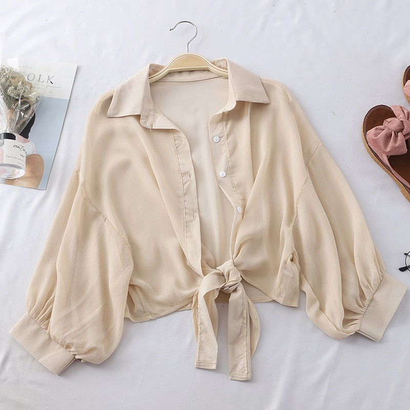 Buttoned Up Shirt Sleeve Blouse Tied Waist