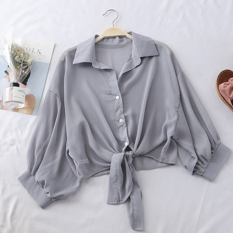 Buttoned Up Shirt Sleeve Blouse Tied Waist