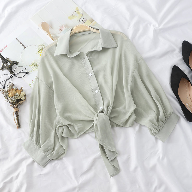 Buttoned Up Shirt Sleeve Blouse Tied Waist