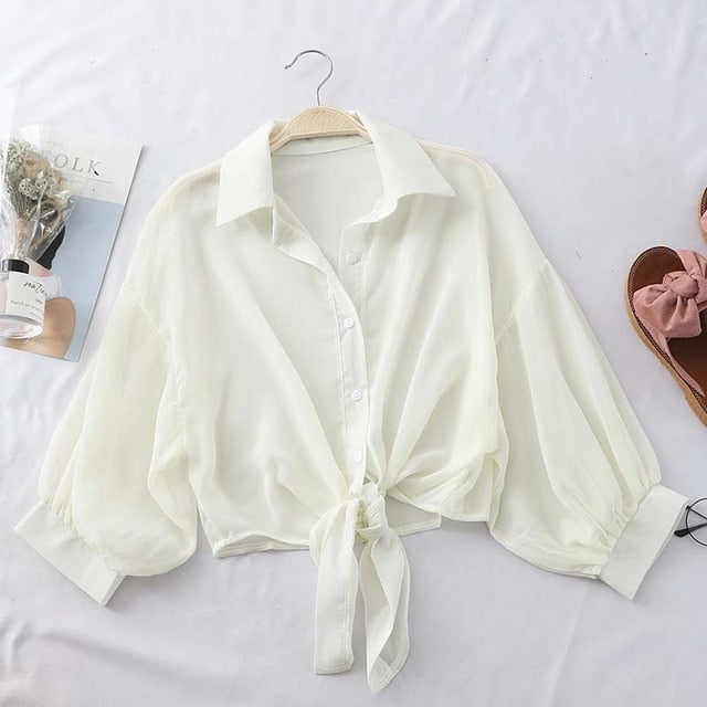 Buttoned Up Shirt Sleeve Blouse Tied Waist
