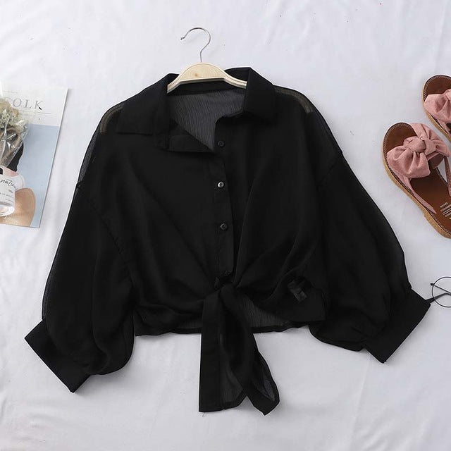 Buttoned Up Shirt Sleeve Blouse Tied Waist