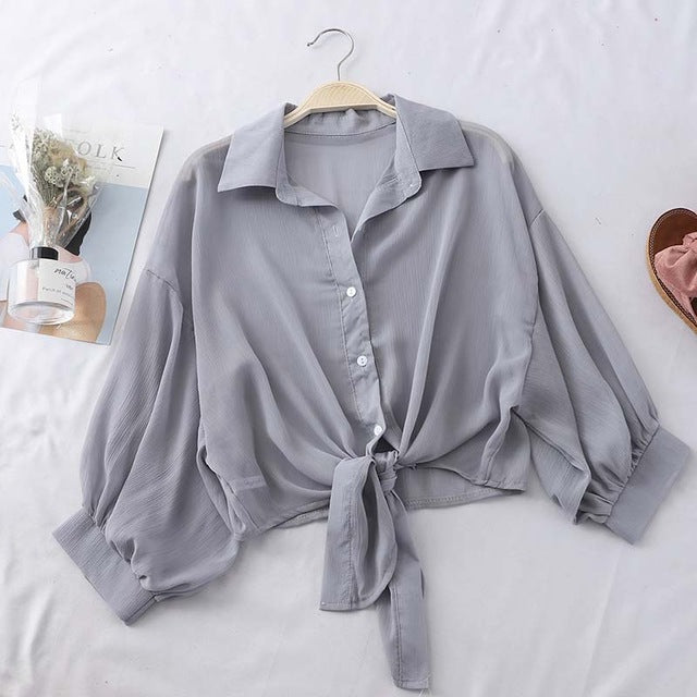Buttoned Up Shirt Sleeve Blouse Tied Waist
