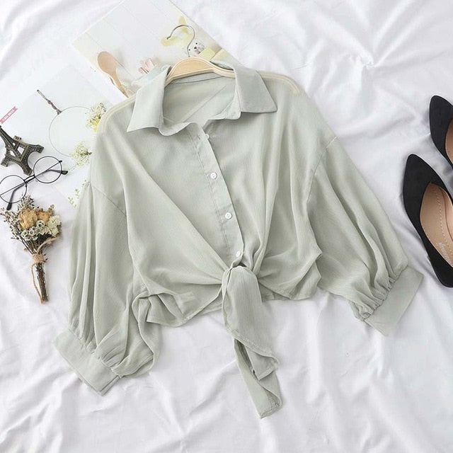 Buttoned Up Shirt Sleeve Blouse Tied Waist