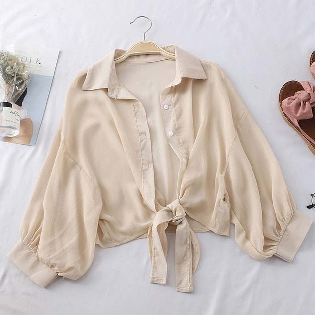 Buttoned Up Shirt Sleeve Blouse Tied Waist