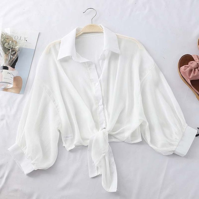 Buttoned Up Shirt Sleeve Blouse Tied Waist