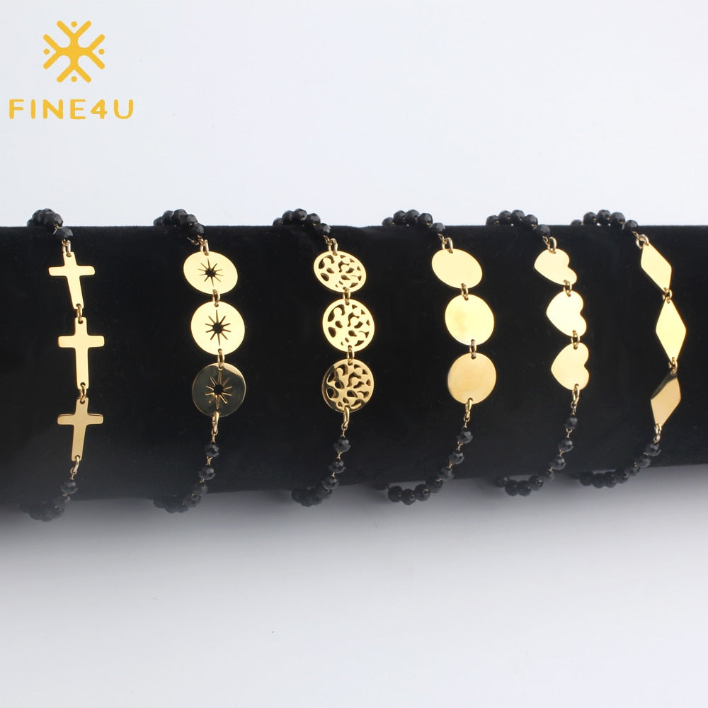 Stainless Steel Coin Cross Heart Charm Bracelets Adjustable Black Beads Bracelets