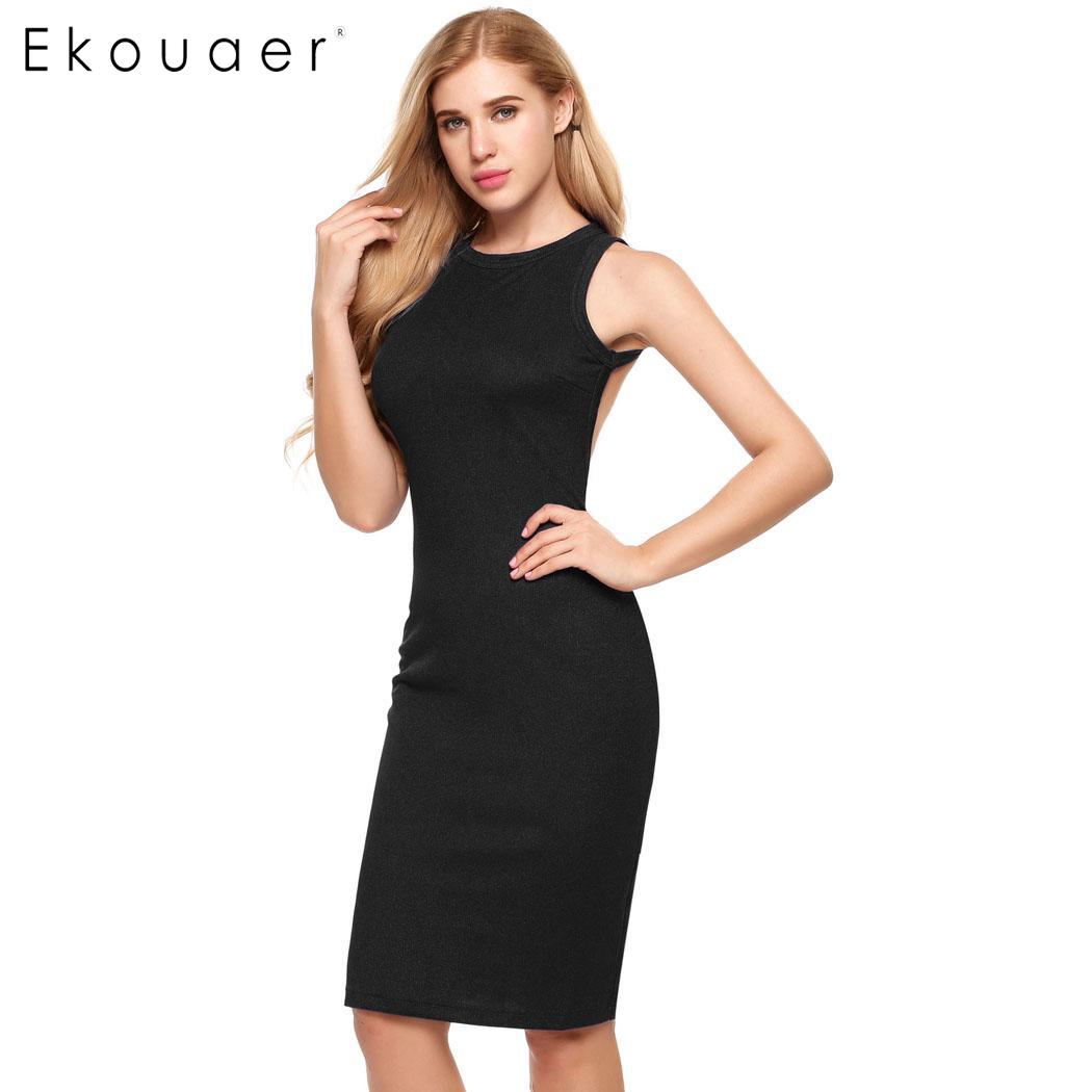 Sexy Club Dresses Sleeveless Solid Backless O Neck Party Pencil Dress