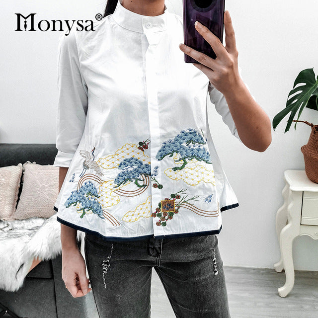 Embroidery Shirt New Arrival Fashion 3/4 Sleeve