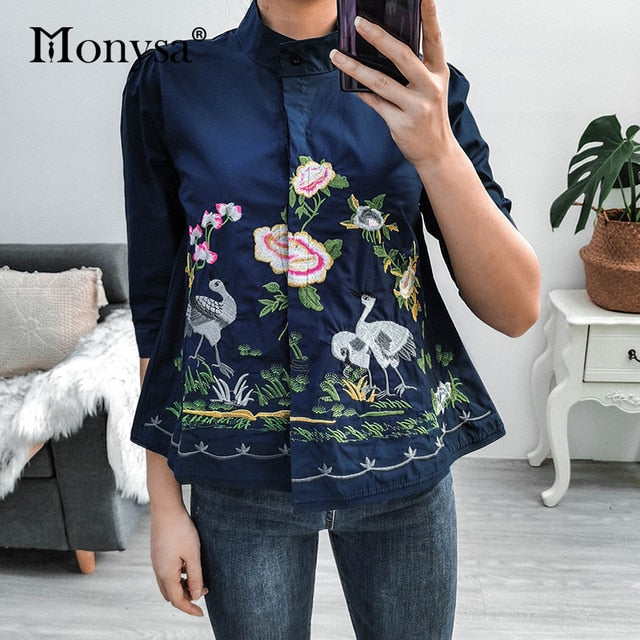 Embroidery Shirt New Arrival Fashion 3/4 Sleeve