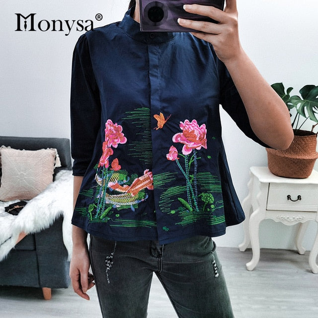 Embroidery Shirt New Arrival Fashion 3/4 Sleeve