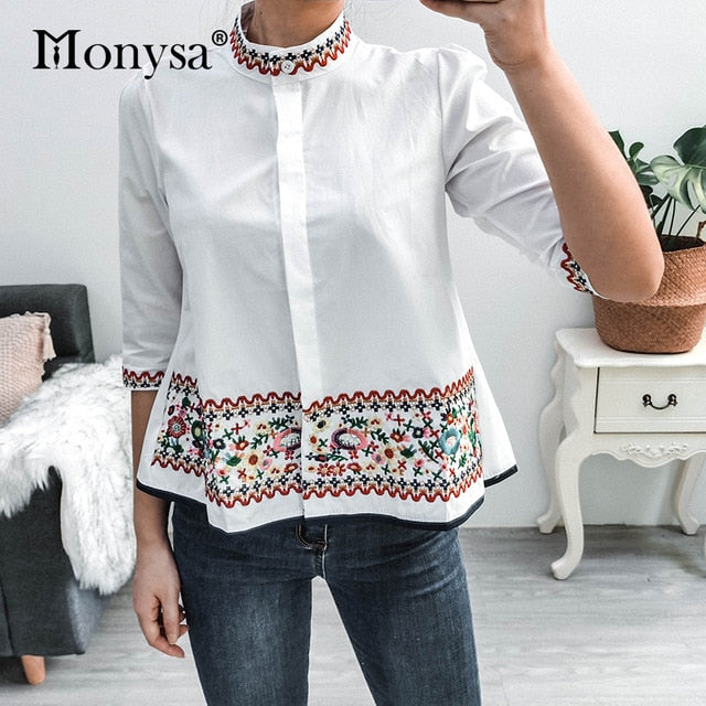 Embroidery Shirt New Arrival Fashion 3/4 Sleeve