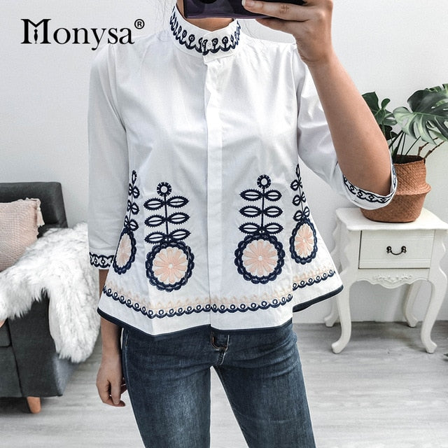 Embroidery Shirt New Arrival Fashion 3/4 Sleeve