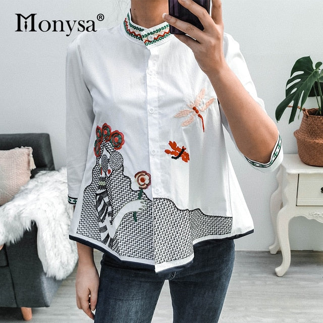 Embroidery Shirt New Arrival Fashion 3/4 Sleeve