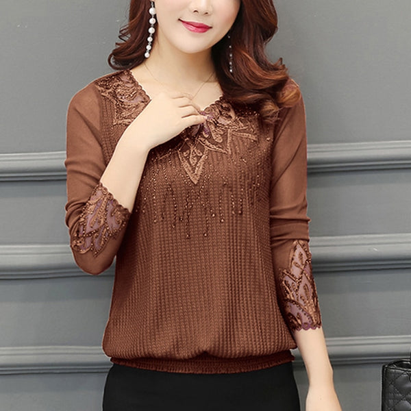 t Hollow  Long Sleeve Embroidery Bead Lace Mesh Blouse Top