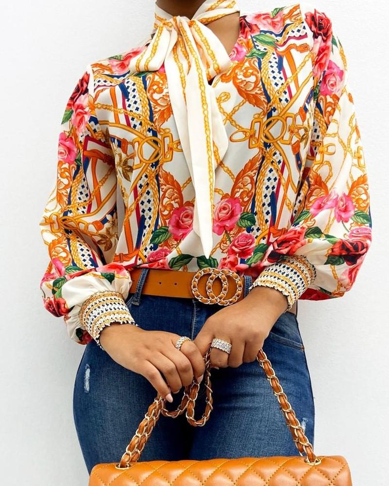 Scarf Neck Baroque Print  Lantern Sleeve Blouse Shirt