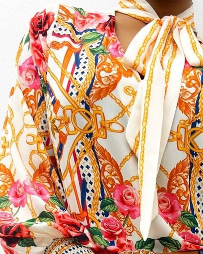 Scarf Neck Baroque Print  Lantern Sleeve Blouse Shirt