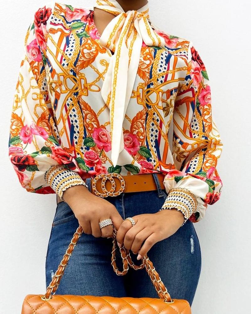 Scarf Neck Baroque Print  Lantern Sleeve Blouse Shirt